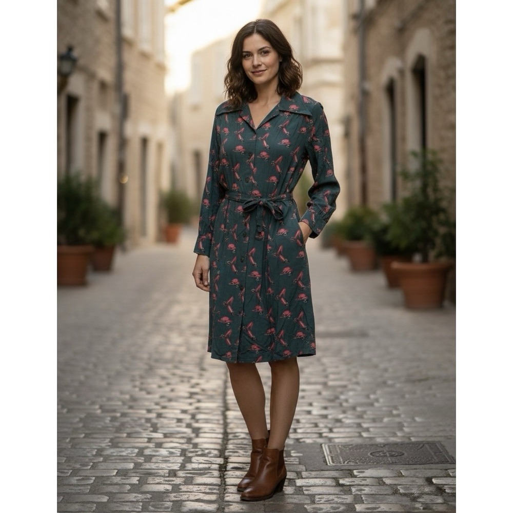 Chiwitt Green Novelty Heels Print Shirt Dress Belted Button Front Women S